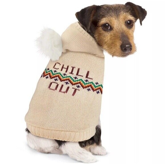Unbranded Other - Dog Sweater Cream Chevron Knit Hooded “Chill out” Medium Winter Clothes Warm